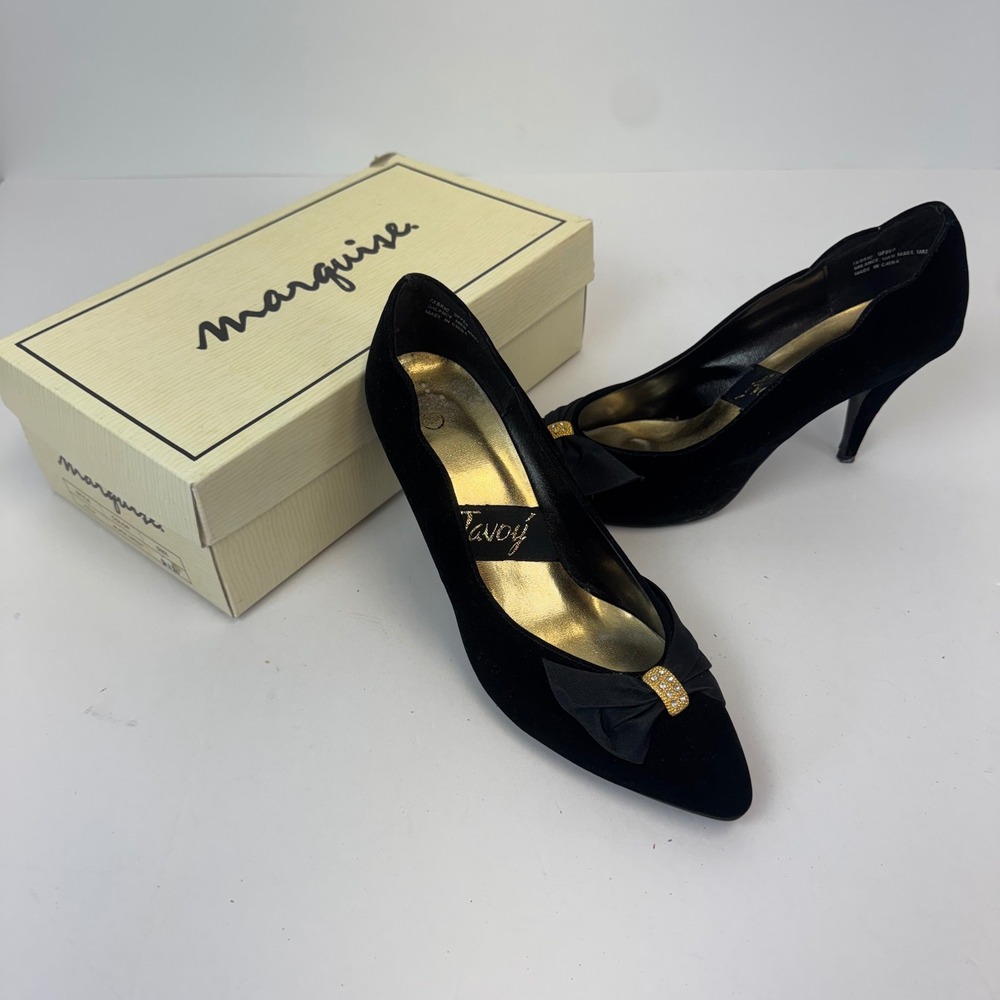 Marquise Kelly Black Faux Suede Pointed Toe Pumps Bow Rhinestone Heels 9.5M
